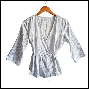 Shimeera Wrap Top Striped 3/4 Sleeve Blouse Tie Waist Blue White XS